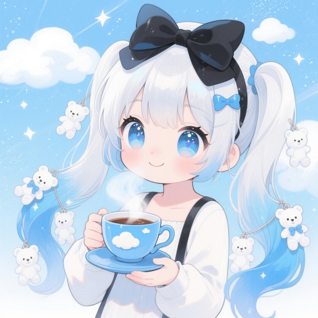 二次元动漫风格插画，Q版可爱少女，银白色渐变长发扎成双马尾，发尾呈流动的蓝色，头戴黑色蝴蝶结发饰，蓝色系渐变眼瞳，眼尾点缀亮片，面带温柔微笑，微微歪头，双手捧着一个冒着热气的蓝色茶杯，杯中漂浮着小云朵装饰，周围环绕着多个白色小熊玩偶挂件，背景是梦幻的淡蓝色星空，点缀着白色云朵和闪烁的星星，整体色调以蓝白为主，光影柔和，带有透明水彩质感，细节丰富，充满童话般的治愈氛围。预览效果