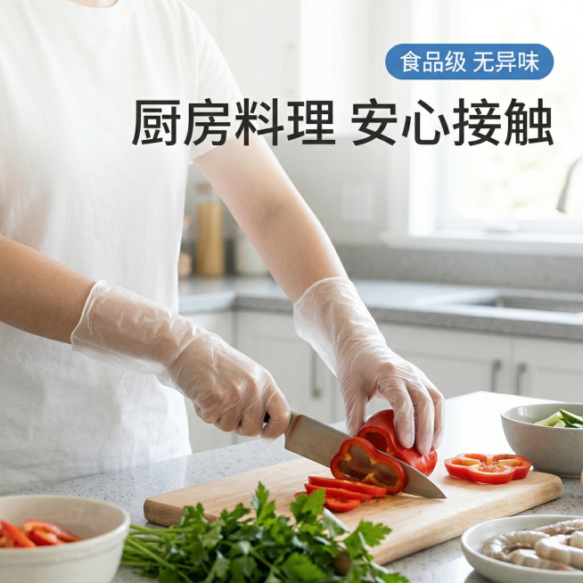生成一张食品级一次性PVC手套的厨房处理食材场景主图，亚洲女性双手佩戴加长透明PVC手套处理新鲜食材，手套贴手有弹性，背景为干净明亮的厨房台面，自然光，风格简约干净，整体1:1构图，铺满全屏无边框，主预览效果