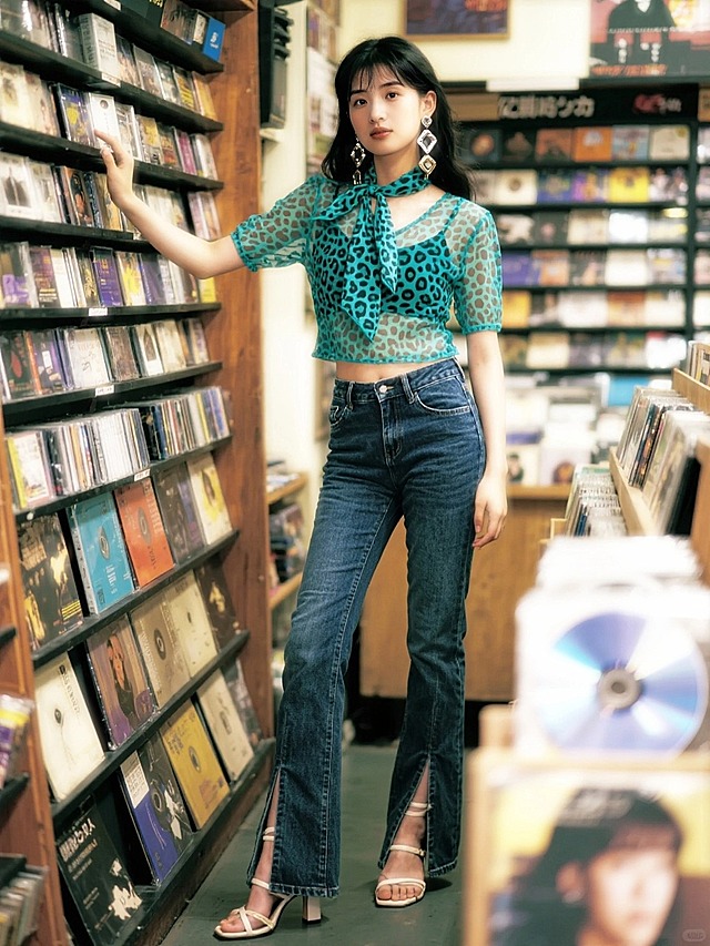 千禧年的老式碟片店，少女（青色豹纹纱质半袖搭配同色系丝巾，修身牛仔马蹄裤搭配高跟凉鞋，金属耳饰）撑着cd墙面。看镜头。