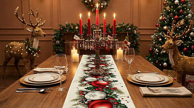 以图中的圣诞亚麻桌旗为元素,圣诞节大家在一起聚餐,物体主体特征不变,设计6张跟圣诞亚麻桌旗有关的图,比例 16:9