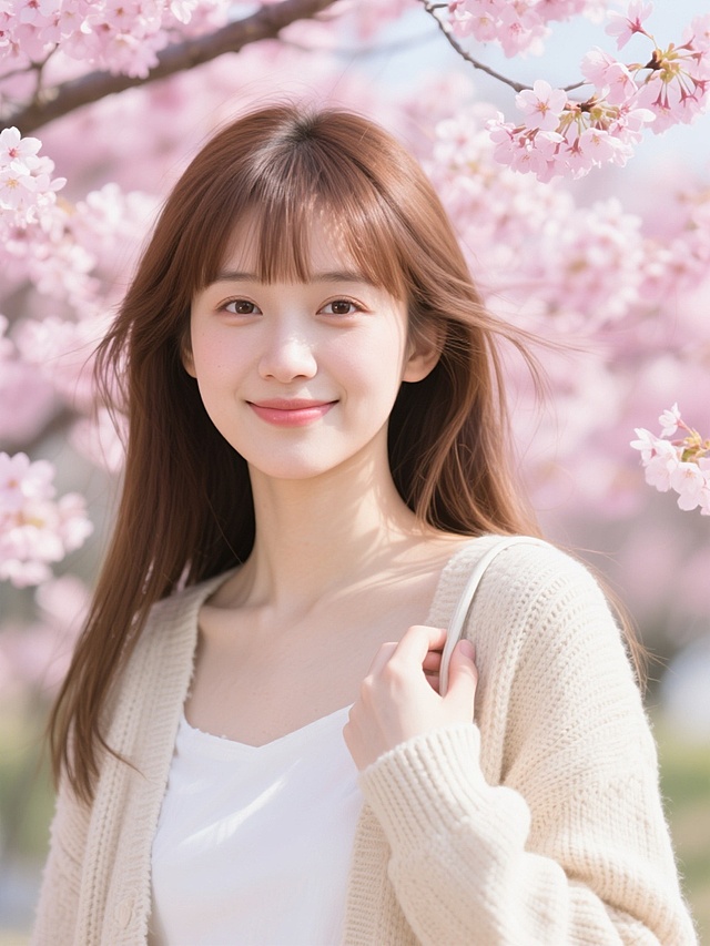 一位年轻女子的上半身特写，她有着棕色的长直发，刘海整齐地垂在额前，发丝被风吹起，显得轻盈飘逸。她穿着一件浅色的针织开衫，内搭白色的衣服，嘴角微微上扬，眼神温柔而清澈，带着一丝腼腆的微笑。她的右手轻轻搭在开衫的肩带上，姿态自然放松。背景是一片盛开的樱花树，粉色的樱花层层叠叠，绚烂夺目，阳光透过花瓣洒下，形成斑驳的光影效果，整个画面充满了春日的浪漫与温馨。照片采用了柔和的自然光，光线明亮而不刺眼，色彩饱和度适中，色调温暖。浅景深效果突出了人物主体，背景的樱花被虚化，呈现出朦胧的美感。整体风格清新自然，充满了少女的甜美与纯真。