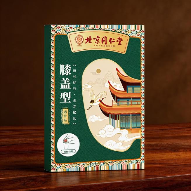 北京同仁堂膝盖型透骨贴产品包装盒放置在画面中心，生成一张电商sku预览图，整体是中国风古典木质桌面背景，带有中式纹理，产品光线均匀清晰，电商主图风格，800x800像素预览效果