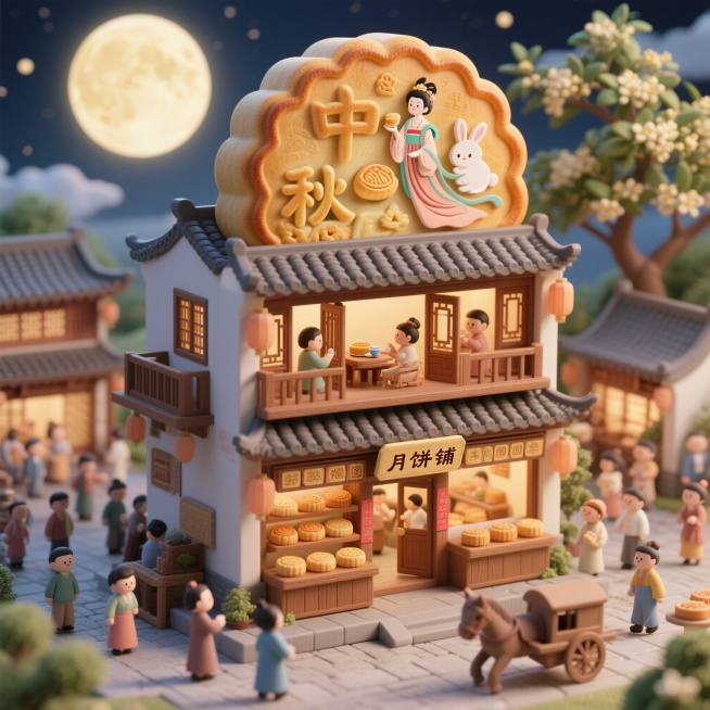 3D渲染的微缩景观，主体是两个月饼造型的巨大建筑，月饼表面有嫦娥和玉兔的图案，建筑为两层古风样式，一层是“月饼铺”商铺入口，门口有木质展示柜摆放月饼，顾客来往；二层木窗打开，有人在品茶吃月饼，周围环绕预览效果