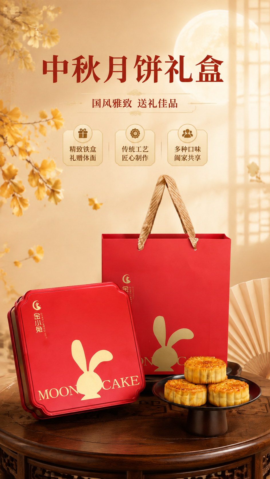 [商品] 使用【图1】金小兔中秋月饼礼盒（红色铁盒+红色手提礼… - 图片创意预览
