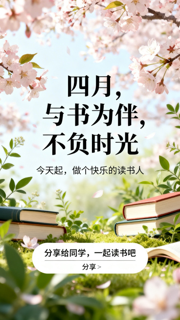 世界读书日H5结尾页，背景是四月樱花和绿植搭配书本元素，主文案是“四月，与书为伴，不负时光”，副标题文案是“今天起，做个快乐的读书人”，底部文字“分享给同学，一起读书吧”搭配分享按钮，整体风格呼应美好预览效果