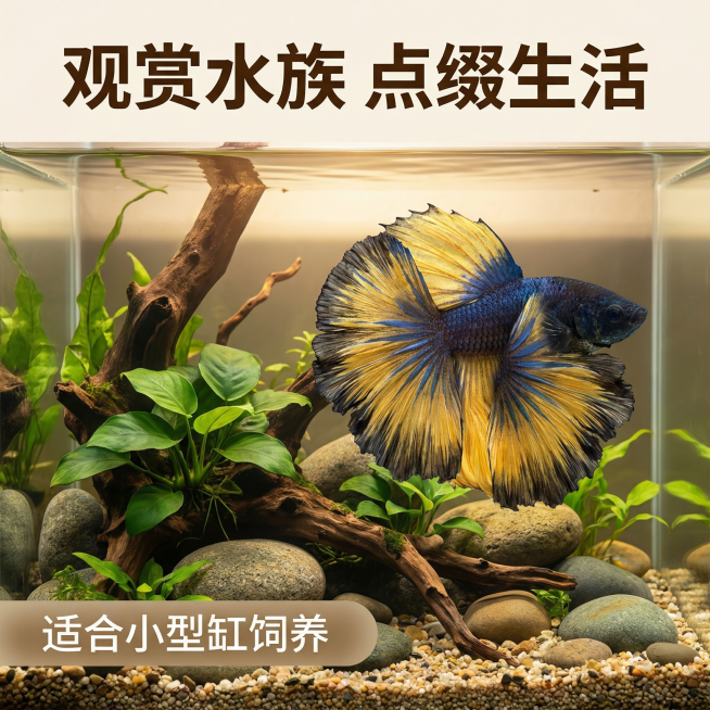 [主图 3]
[主图主题] 斗鱼造景展示场景
[氛围/风格] 原生态水族造景，静谧自然，高端质感
[画面元素] 保持原图斗鱼外观完全不变，斗鱼在画面中心偏右游动，背景为完整的小型造景缸，包含鹅卵石、小预览效果