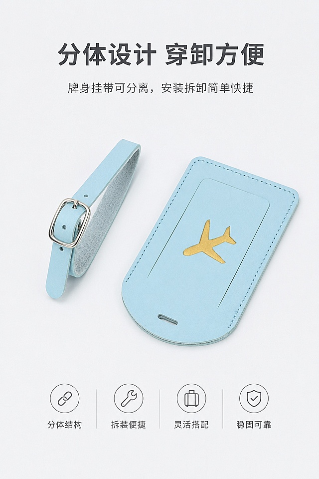 [第6屏] 设计解析页-分体式组装结构展示。本屏使用【图5】作为产品主体。
[氛围/风格] 拆解展示风格，清晰直观，突出设计灵活性。
[元素布局] 分体的挂带和牌身分开摆放在画面中，占比约70%，完整展示分体设计结构，保持产品颜色和材质与原图一致。背景干净，突出产品两个部件。
[光影质感] 均匀柔光，两个部件都清晰展示，皮质纹理和烫金标识都清晰锐利，自然投影增加立体感。
[配色色系] 全局底色 #f5f8fa，主色浅蓝色皮革+金色标识，辅助色深灰文字说明。
[视角构图] 平铺俯视视角，中心分布两个部件，间距合适，结构清晰。
[文字版式] 顶部主标题「分体设计 穿卸方便」，下方文字说明「牌身挂带可分离，安装拆卸简单快捷」，文字位于顶部和底部，不遮挡产品主体，文字大小合适手机阅读。
[比例分辨率] 3:4 竖版比例，4K 分辨率，文字清晰可辨，高清画质。
[负向提示词] 结构混乱，缺件错件，颜色偏差，文字遮挡主体，产品变形