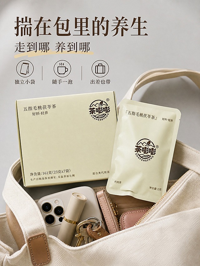 小红书风格便携随身养生茶海报，3:4竖版。画面主体为茶嘭嘭五指毛桃茯苓茶独立袋装产品，产品100%还原上传商品图的外形、包装、LOGO、印刷文字、净含量，包装文字清晰不变形。场景：通勤托特包开口处露出茶袋，旁边有手机、口红、钥匙等随身物品，浅灰色背景，柔和光线。主标题大字"揣在包里的养生"，副标题"走到哪 养到哪"，卖点标签"独立小袋""随手一泡""出差也带"。整体生活化场景，突出便携性，排版精致。画面中所有文字清晰可读，产品文字不变形。