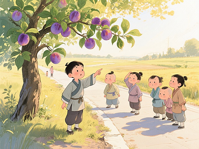 一群穿着古代孩童服饰的小朋友在路边玩耍，其中一个男孩手指着路边结满果实的李子树，表情认真地说着什么，其他孩子有的疑惑地看着李子，有的挠头思考，画面充满童趣。背景是阳光明媚的郊外，暖黄色的阳光洒在孩子们身上和翠绿的树叶上，李子果实呈现出冷紫色，形成暖色系与冷色系的对比，整体氛围活泼可爱。