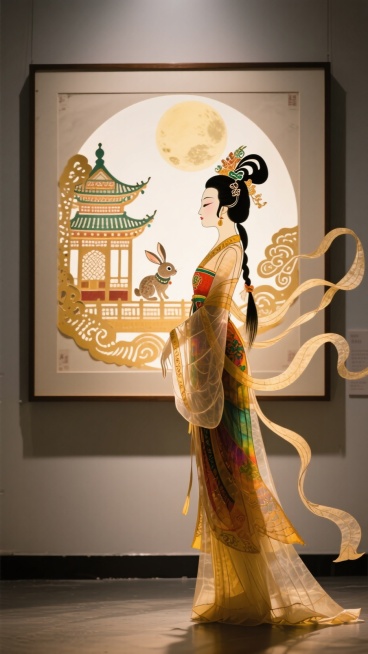现代画展，嫦娥停留在一副画前停留（画上有一个大月亮，月亮里面一个宫殿和小兔子），画篇幅在嫦娥上半身，现代艺术氛围预览效果