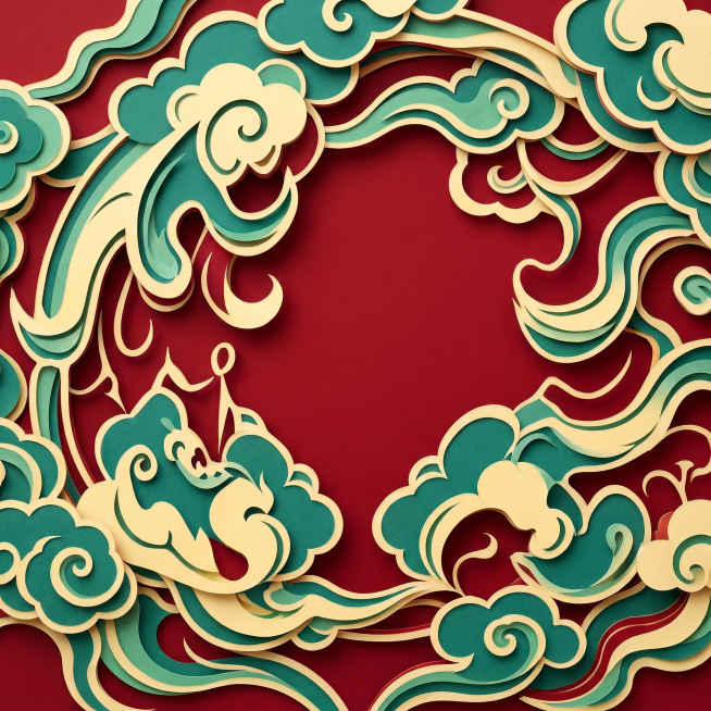 生成和原图颜色完全一致的国潮祥云花纹，红色背景，保留青黄配色，纹路清晰，剪纸层叠风格预览效果