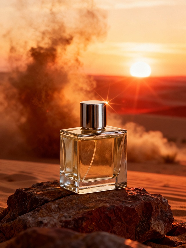 奢华热烈的摄影风格，高级动感的调性，画面整体采用暖金、红棕的沙漠日落色系配色，搭配主体，辅以日落暖调的逆光与星芒光效；采用视觉焦点式构图，主体置于沙漠岩石之上，占画面约 35% 比例；背景是烟尘滚滚，烟雾元素增加动感层次，暖调逆光凸显精致细节。