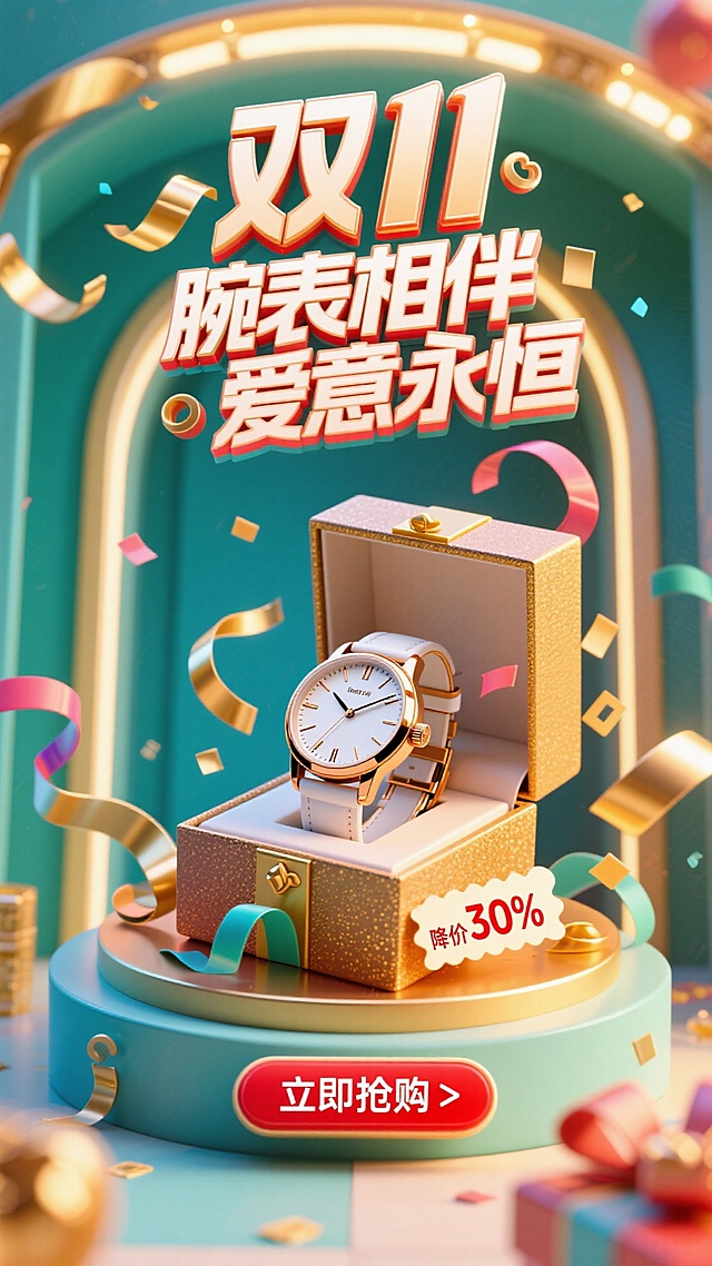充满活力的双11销售海报构图。一枚优雅的手表放在打开的奢华礼盒中，周围是漂浮的彩带和金色丝带。电商风格，明亮欢快的灯光。“双11”Logo巨大且具有庆典感，位于顶部。主标题“腕表相伴 爱意永恒”采用粗体、喜庆的字体。一个大的、令人无法抗拒的红色“立即抢购”按钮，（带有折扣标签降价30%）在底部。商业化，以转化为导向的设计。