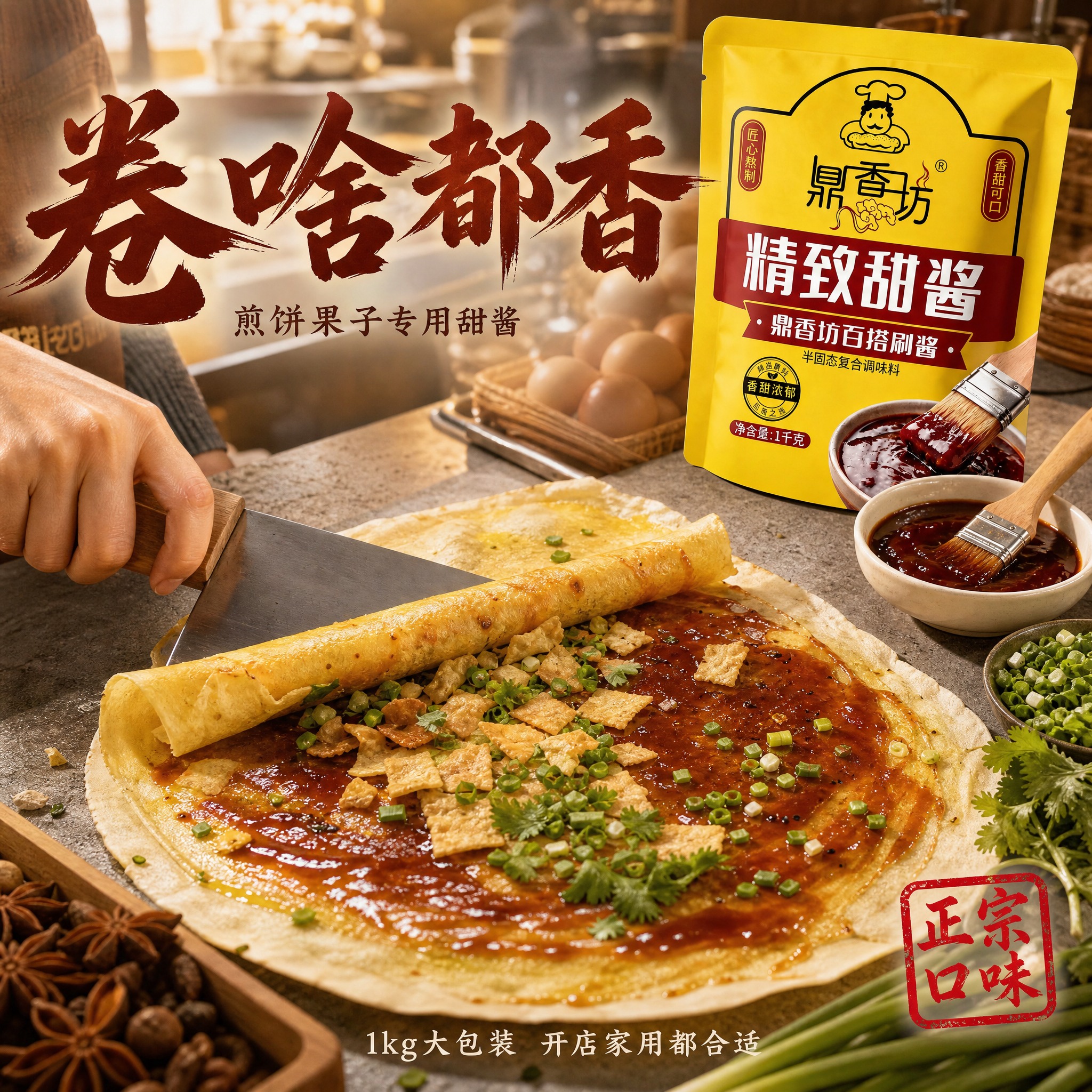 [主图-11] 煎饼卷酱场景图，鼎香坊甜酱，参考图暖调风格差异… - 图片创意预览