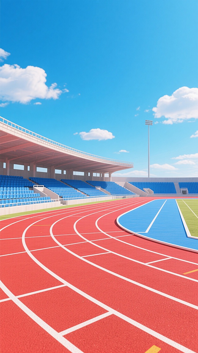 3D渲染风格的跑道场景，红色塑胶跑道带有白色分道线，弯道处有蓝色区域，跑道两侧是蓝色的观众看台，背景是晴朗的蓝天和少量白云，整体画面色彩鲜明、光线明亮，营造出开阔、充满活力的运动氛围，符合常理的跑道结构和透视效果。