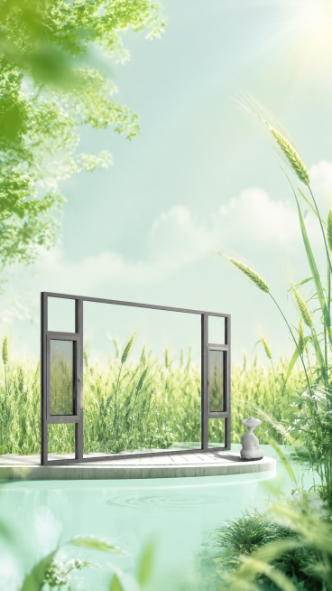 参考原图风格，重新生成画面，画面不需要任何文字，将门窗型材颜色改为星空灰色，背景场景调整为小满节气带有小麦的应景场景，整体画面风格和色调保持跟原图一致，画面整体简洁高级，可以用作门窗品牌小满节气的海报预览效果