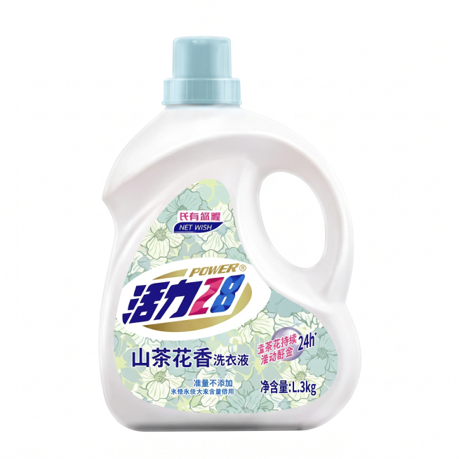 活力28山茶花香洗衣液商品主图，干净清爽电商风格，突出产品包装，白底干净背景，适合电商平台展示预览效果