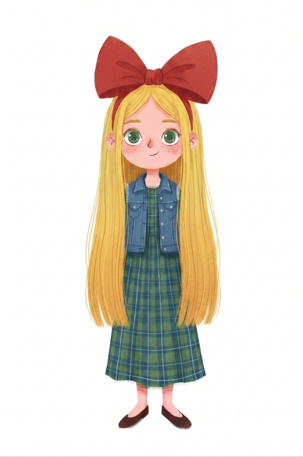 根据参考图片的插画风格，生成一个十岁的美国女孩，金色扁平头发，绿色眼睛，头上扎着一个红色的巨大蝴蝶结，穿着格子连衣长裙搭配蓝色马甲外套，深色鞋子，保留画面噪点，纯白色背景，女孩没有雀斑，只保留单独人物预览效果