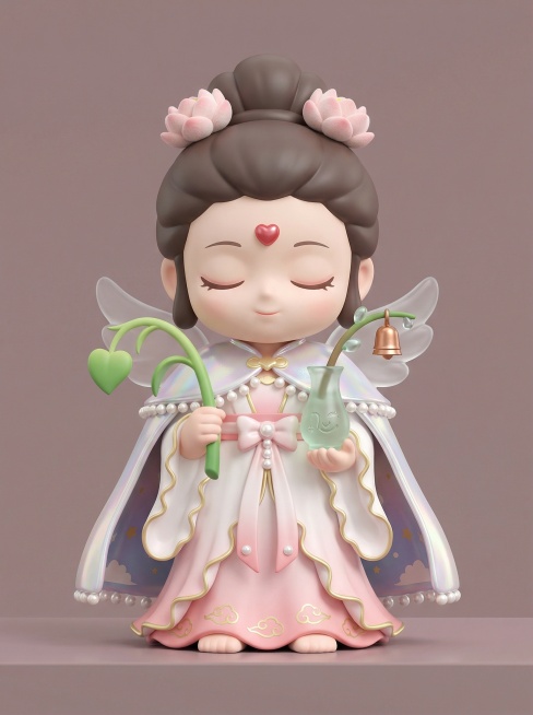 Q 版可爱南海观音 PVC 手办正面，闭着眼睛神态端详，额头心形红色珠光立体痣，头上披着细闪珠光菩萨披纱，纱边缀迷你珍珠流苏、内侧印星云暗纹，发髻旁别 2 朵 Q 版绒面小荷花；右手持半透明磨砂玉净瓶预览效果