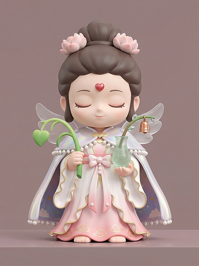 Q 版可爱南海观音 PVC 手办正面，闭着眼睛神态端详，额头心形红色珠光立体痣，头上披着细闪珠光菩萨披纱，纱边缀迷你珍珠流苏、内侧印星云暗纹，发髻旁别 2 朵 Q 版绒面小荷花；右手持半透明磨砂玉净瓶，瓶身刻笑脸小符文，瓶内插带铜铃的短杨柳枝，枝桠挂露珠；左手握渐变抹茶绿杨柳枝，1 片叶子呈爱心状；服饰为白粉渐变，袖口裙摆带浅金勾线荷叶边，裙摆印迷你祥云脚印，腰间系珍珠扣蝴蝶结飘带；背后有一对迷你透明磨砂小翅膀，站立于纯色台面，纯色背景，整体风格可爱不失庄严，比例 3:4