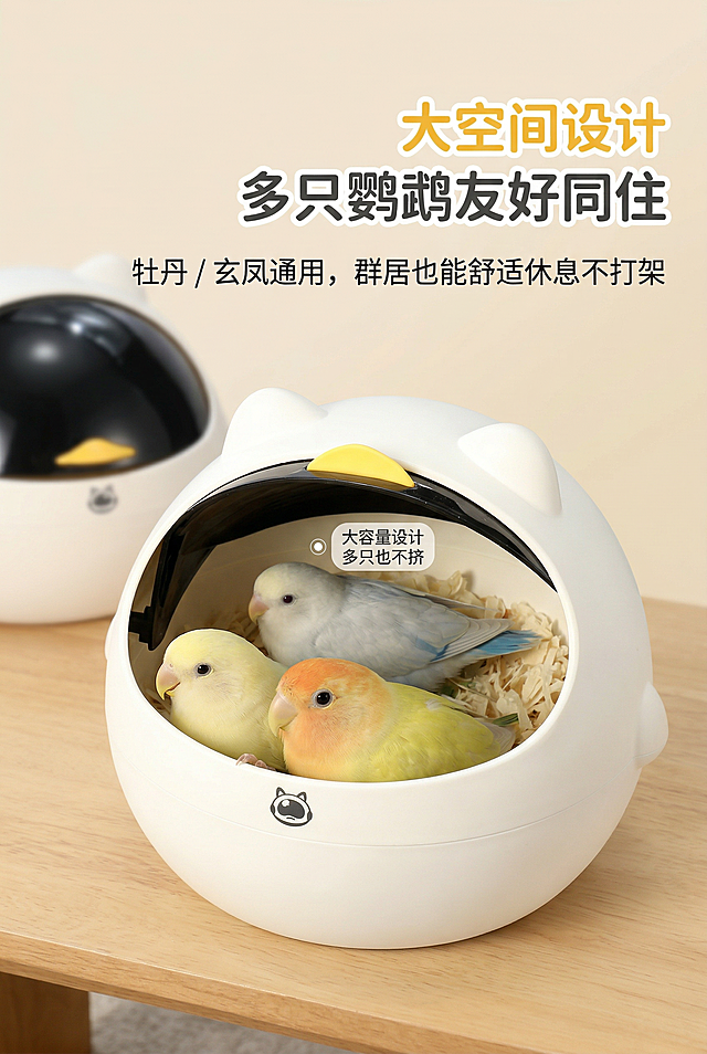 ins简约萌趣风，严格还原鹦鹉太空舱鸟窝，产品比例协调。主视觉为开舱门的鸟窝内，三只牡丹鹦鹉舒适依偎，特写展示内部宽敞空间，背景为浅暖米白渐变，标注“大容量设计 多只也不挤”。主标题“大空间设计 多只鹦鹉友好同住”居右，副标题“牡丹 / 玄凤通用，群居也能舒适休息不打架”居右下方，文字采用圆润无衬线字体，排版聚焦内部空间，温馨治愈，高清质感。禁止修改产品内部空间；禁止模糊鹦鹉形象；禁止产品比例失调；禁止添加无关元素；禁止风格割裂