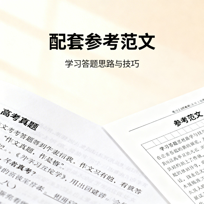 历届高考真题合集电商主图第十五张，清新舒适学习风格，柔和自然光。画面左侧是真题试卷的作文题特写，右侧是参考范文的特写，背景为浅米色渐变。上方标题「配套参考范文」，下方小字「学习答题思路与技巧」，无衬线预览效果