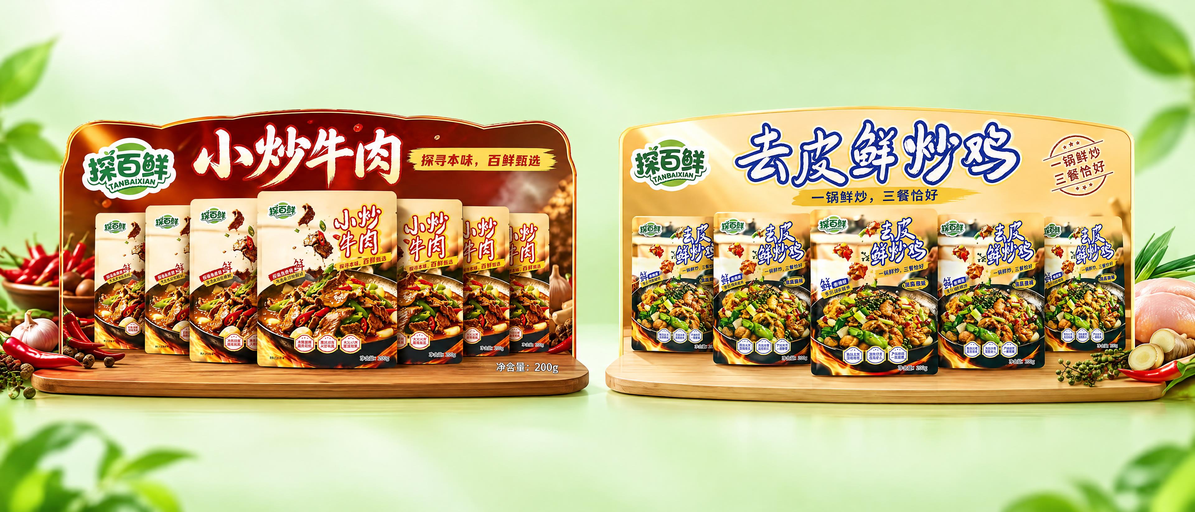 将小炒牛肉和去皮鲜炒鸡两款产品包装横向并排在同一张图片中，左边… - 图片创意预览