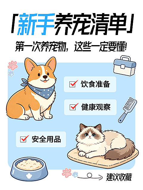蓝色插画风新手养宠清单小红书封面