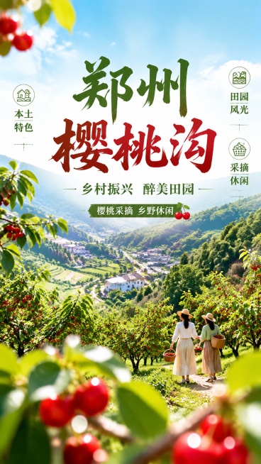 自然清新写实乡村风格，郑州樱桃沟乡村振兴旅游宣传海报。主标题"郑州樱桃沟"，副标题"乡村振兴 醉美田园"，装饰文案"樱桃采摘 乡野休闲"，卖点文字：本土特色、田园风光、采摘休闲。背景是漫山樱桃树的郑州预览效果