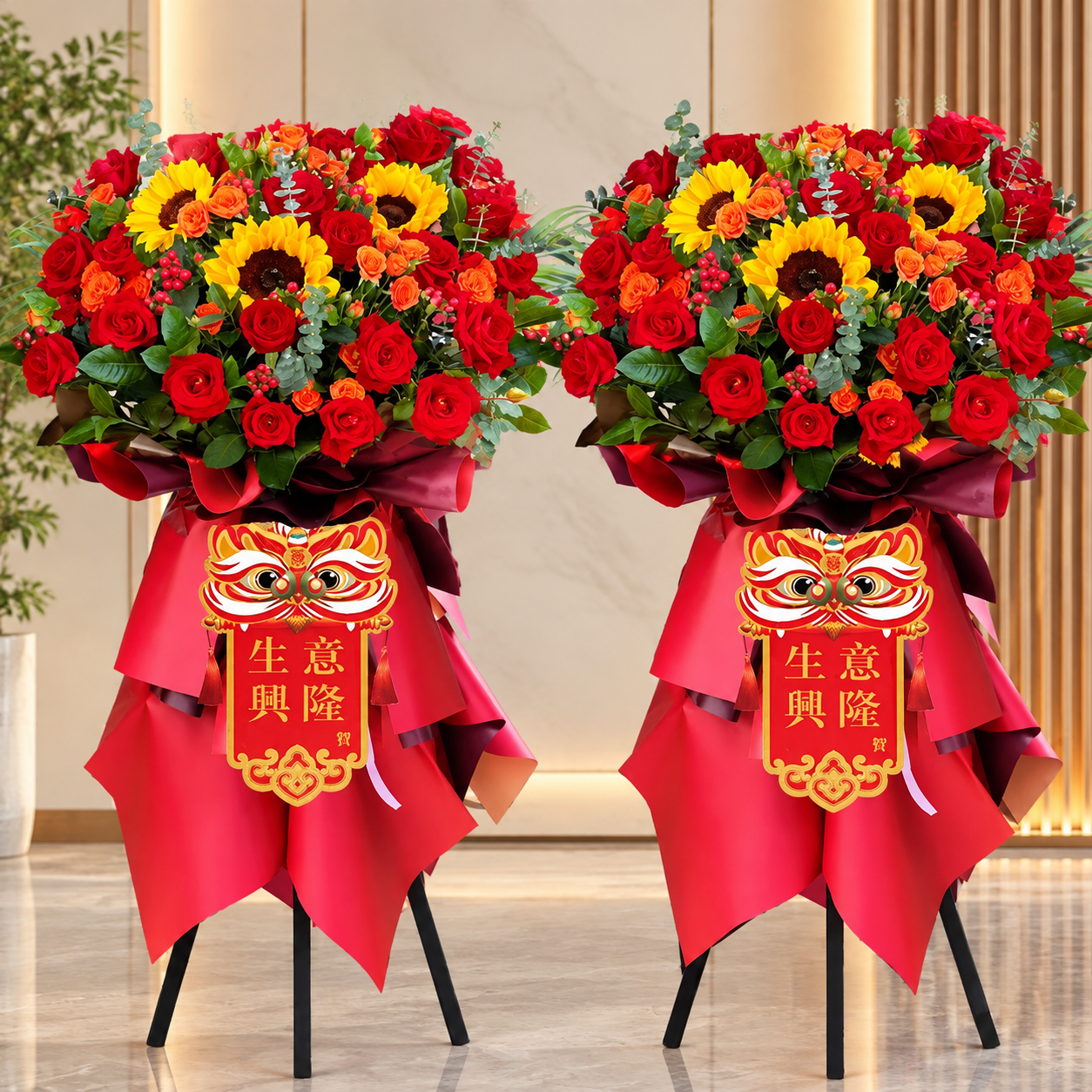 去掉花束最上面的两个“开业大吉”插牌，保留花束花材、包装、丝带… - 图片创意预览
