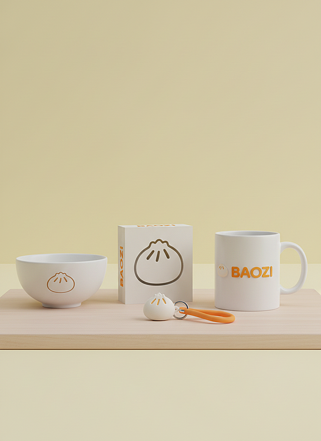 参考这个LOGO，做一套文创品牌视觉设计，品牌名称为“BAOZI"，包括碗，便签纸砖，钥匙扣，杯子等。明黄视觉主色调，现代、精致、亲切现代风格，浅黄底色背景
