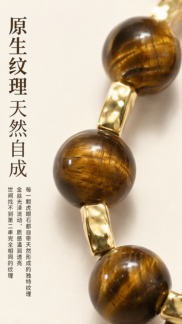 [第3屏] 虎眼石材质纹理细节特写，黄虎眼金隔片设计师款手串。本屏使用【图1】作为商品主体，延续整体浅暖调风格。
[氛围/风格] 微距质感商业摄影，突出材质肌理，高级自然氛围，光影柔和。
[元素布局] 画面主体放大展示2-3颗虎眼石珠子和相邻隔片的特写，占据画面60%-70%区域，完整展示虎眼石天然金丝纹理和光泽质感。背景保持浅米杏纯色，画面左侧预留竖排文字区域，右侧为珠子特写。保持珠子颜色、纹理质感、隔片金色与原图一致，仅放大突出细节。
[光影质感] 侧光打亮虎眼石纹理切面，形成自然明暗对比，突出金丝带状纹理层次感，金色隔片边缘光泽清晰锐利，整体细节锐利真实。
[配色色系] 全局底色：#F5EFE0（浅米杏）；主体：虎眼石棕黄渐变+金色隔片；文字：深棕。
[视角构图] 特写微距视角，珠子特写占据右侧和中心区域，文字区域在左侧，疏密有致。
[文字版式] 左侧竖排主标题「原生纹理 天然自成」，下方跟随说明文字：
每一颗虎眼石都自带天然形成的独特纹理
金丝光泽流动，质感温润透亮
世间找不到第二串完全相同的纹理
文字左对齐，主标题加粗放大，说明文字字号适中，清晰易读，不遮挡主体特写。
[比例分辨率] 9:16竖版比例，4K分辨率，文字清晰可辨，超高清。
[负向提示词] 纹理模糊，结构变形，颜色偏差，文字错乱，背景杂乱，过度锐化