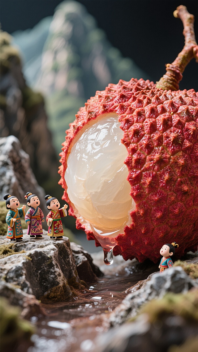 一个巨大的荔枝阻断山脉，几个迷你唐装小人看着荔枝，荔枝占视觉中心