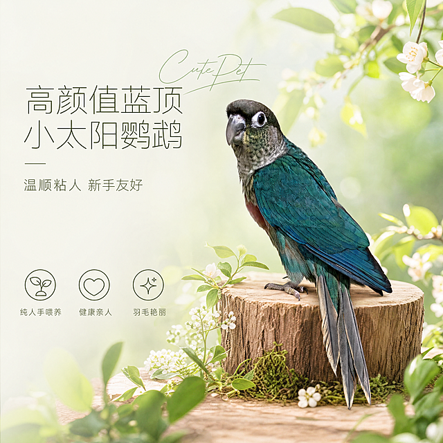 [单张主图] 宠物鹦鹉电商主图，走高级氛围感主图路线，目标是展示高颜值鹦鹉，吸引宠物爱好者购买。
[画面主体] 保留原有鹦鹉主体，保持鹦鹉的外观、羽毛颜色、结构与输入图片保持绝对一致，杜绝任何变形和色差，精细化处理。鹦鹉放置在画面偏右侧，主体占画面约50%，清晰完整不裁切。
[构图版式] 采用左文右物场景型版式，左侧大面积留白放置文字信息，鹦鹉主体放右侧放大，底部用天然木质台面承托，周围点缀自然植物元素。
[场景元素] 清新田园场景背景，嫩绿枝叶围绕背景，浅色花艺做点缀，营造自然清新氛围，背景干净不抢鹦鹉主体。画面层次柔和，氛围感强，边缘干净清晰，适合电商平台展示。左侧留白处仅放置文字，不添加多余元素遮挡。
[文案版式] 左上左对齐，大字主标题："高颜值蓝顶小太阳鹦鹉"，小字副标题："温顺粘人 新手友好"，底部放置3个轻线图标卖点：
1. 🌱 纯人手喂养
2. 💚 健康亲人
3. ✨ 羽毛艳丽
字体选择细体轻无衬线，主标题旁叠加英文手写体 "Cute Pet" 装饰。
[光影质感] 温柔漫射自然柔光，从左侧斜射而来，形成柔和的轮廓光和浅阴影，整体通透不灰蒙，质感高清写实，鹦鹉羽毛纹理清晰细腻。
[配色风格] 日系清新色调，主色调为浅绿搭配米白，低饱和度配色，清新干净，突出自然高级感。
[比例分辨率] 1:1比例，4K分辨率，文字清晰可辨，超高清写实。
[负向提示词] 变形，水印，文字错乱，鹦鹉模糊，背景杂乱，主体遮挡，错字，畸形结构，色彩过度饱和