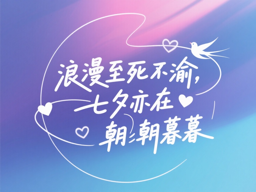 文字“浪漫至死不渝，七夕亦在朝朝暮暮”，文字穿插点缀爱心和喜鹊。高级感，青粉白紫蓝色背景，圆圈环绕着白色的文字。预览效果