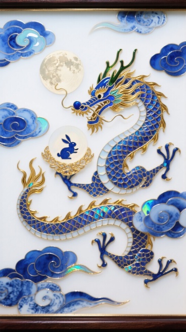 一条青花云龙在祥云间盘旋，龙身环绕，“捧”起一轮圆月，月中有一只小小的玉兔剪影。完全采用青花瓷的钴蓝色调和白底，笔触是传统瓷画的流畅线条。构图巧妙地将龙与月结合，典雅而有力。预览效果