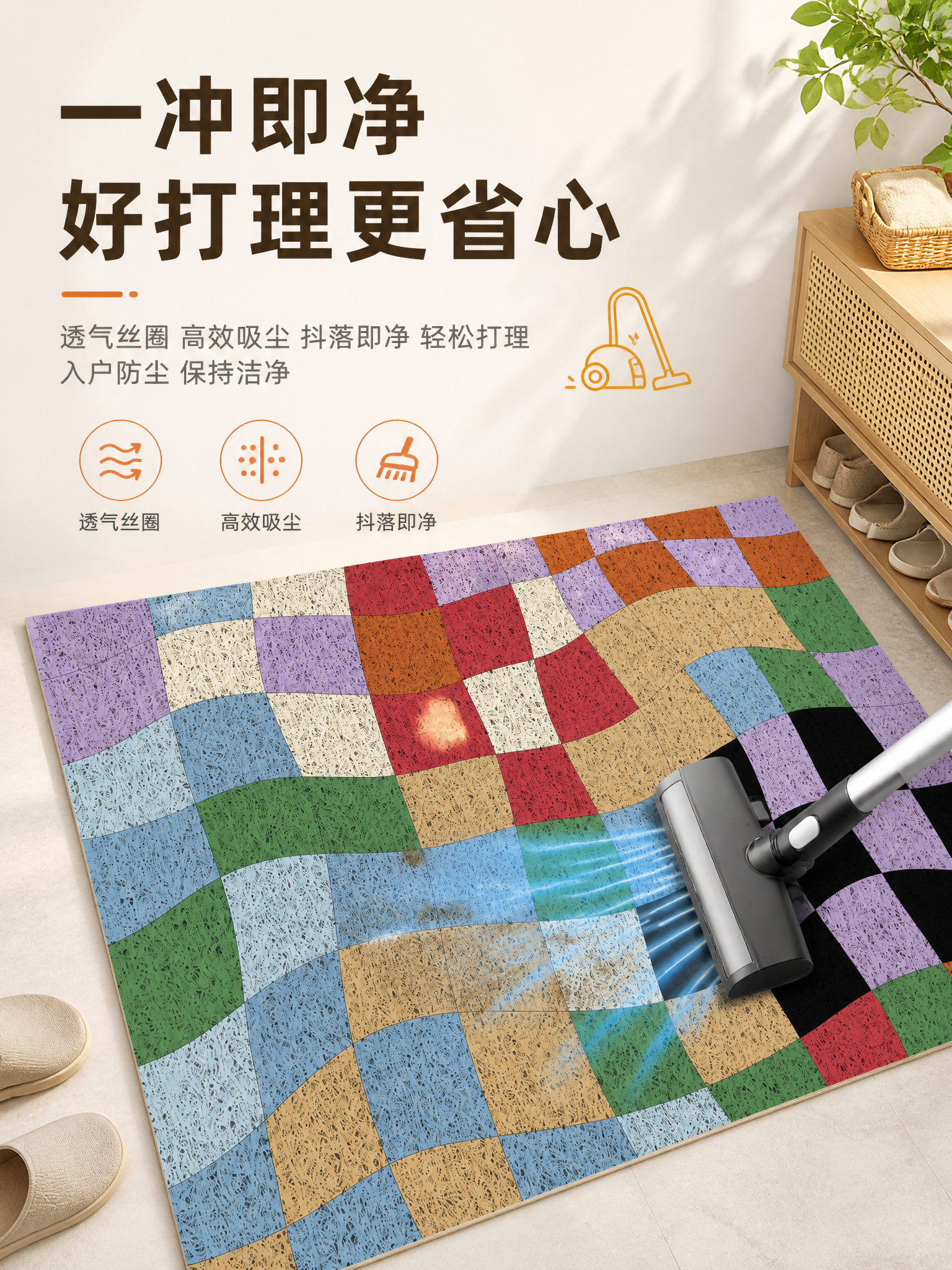 [主图-5] 莫兰迪波浪棋盘格丝圈入户门地垫 8MM 毯面好打… - 图片创意预览