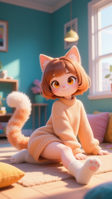 furry kemono female cat,petite,light orange fur,bob-cut chestnut hair,amber eyes,in a loose long swe预览效果