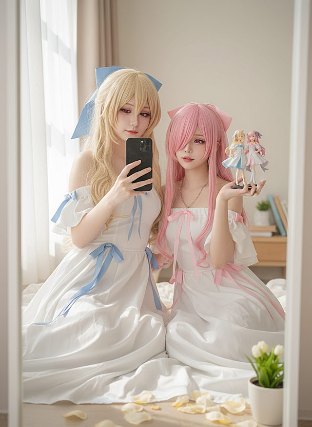 cosplayer真人写实照片，根据该图生成一张现实生活中扮演该角色的写实风格，人物所在的写实场景与原作相对应，人物一只手抬起拿着手机对着镜子正在自拍，另一只手靠近镜头托着带有与该cosplayer照片相对应的玩偶手办。手办的细节特征需精细到可清晰辨识。