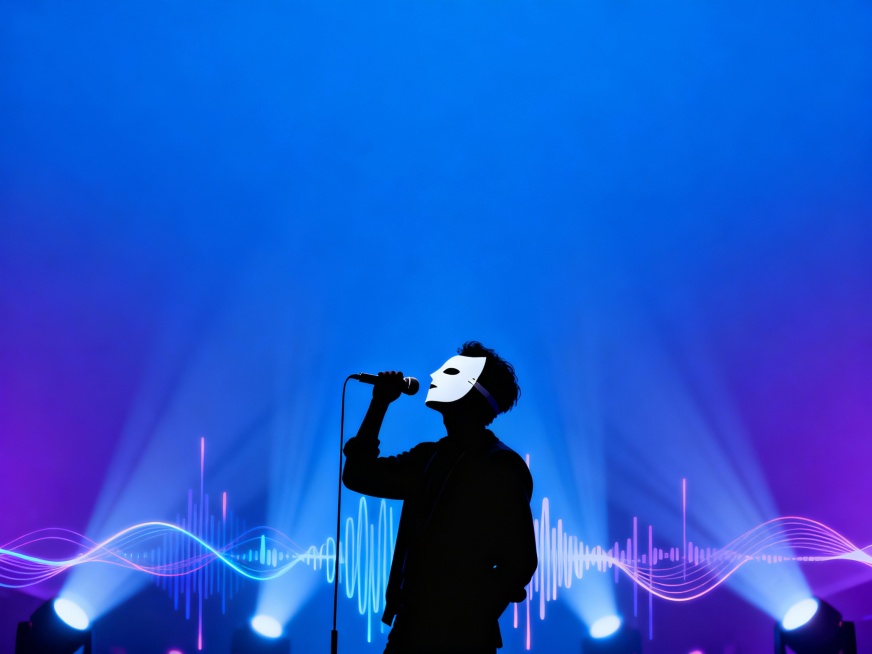 4:3比例海报，年会蒙面歌王主题，
画面下方主体构图，
剪影歌手戴白色艺术面具，
手持麦克风向上歌唱，
抽象声波与光带从下方向上延伸，
舞台灯光光束，向上发散逐渐虚化，
上方大面积留白，无任何文字元素预览效果