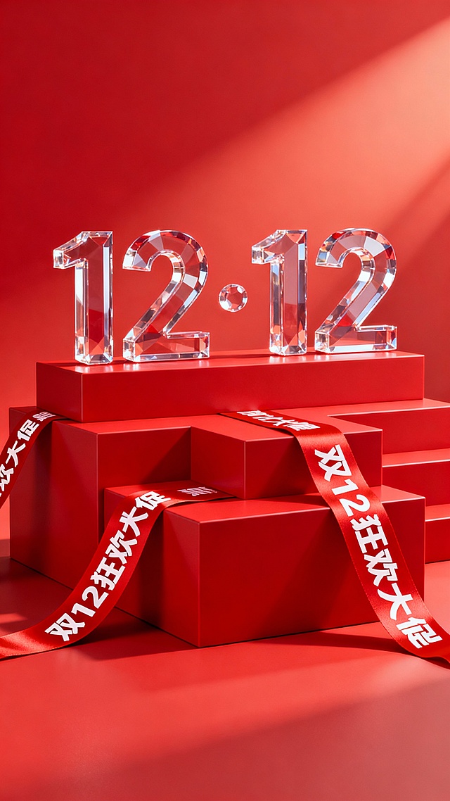 3D立体风格，以纯红色为背景，具有渐变光影效果，画面中央是巨大的“12·12”立体水晶质感数字，数字下方有多个红色立方体台阶作为基座，立方体侧面缠绕着红色丝带，丝带上印有“双12狂欢大促”白色文字，整体呈现出强烈的电商促销氛围，视觉层次分明，光影过渡平滑，色彩统一为红色调，营造出喜庆、热烈的购物狂欢感觉，设计感强，信息传达直接，符合电商促销海报的视觉要求。