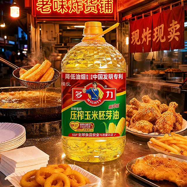 超写实食品商业摄影。
主体：5L装玉米油桶严格参照上传产品图，完整保留所有可见组件、部件、轮廓、结构、比例、材质、颜色与产品本体上的文字信息（logo/品牌名/规格/标签/图案等），与上传图完全一致；自然融入场景光影，与场景共处同一物理空间。产品占画面约60%，完整不裁切，背景无其他同类食用油产品。
构图：正面微俯10度，居中构图，产品为第一视觉焦点。
风格：油炸美食主题风。
场景：街边炸货铺，傍晚暖光。
空间/承载：①产品放置于不锈钢操作台上，台面光亮有反光；②背景为街边小吃店的开放式厨房，挂着红色的"现炸现卖"布帘；③上方有红色霓虹灯招牌，发出暖红色光。
陪衬/软装：①产品左侧，一口黑色油炸锅，里面的金黄色油正在翻滚冒泡，旁边的漏勺里放着刚炸好的金黄色油条，油滴正在滴落；②产品右侧，一盘刚出锅的炸鸡腿，外皮金黄酥脆，撒着白色芝麻，冒着热气；③操作台上，还有炸薯条、炸洋葱圈、炸鸡排等各种油炸美食，金黄诱人；④旁边，一叠白色吸油纸与一次性纸餐盘。
配色/材质：金黄/不锈钢银/红色/白色；透明塑料/不锈钢/铸铁/纸张。
光影：主光为上方暖黄色灯泡与红色霓虹灯混合光，光线温暖热闹；油炸食物的热气在光线下形成丁达尔效应；油桶表面有温暖的高光与环境色反射；整体氛围热闹诱人，充满街头美食的烟火气。
参数：4K 超写实 商业摄影 诱人炸物。严格锁定宽高比为1:1。