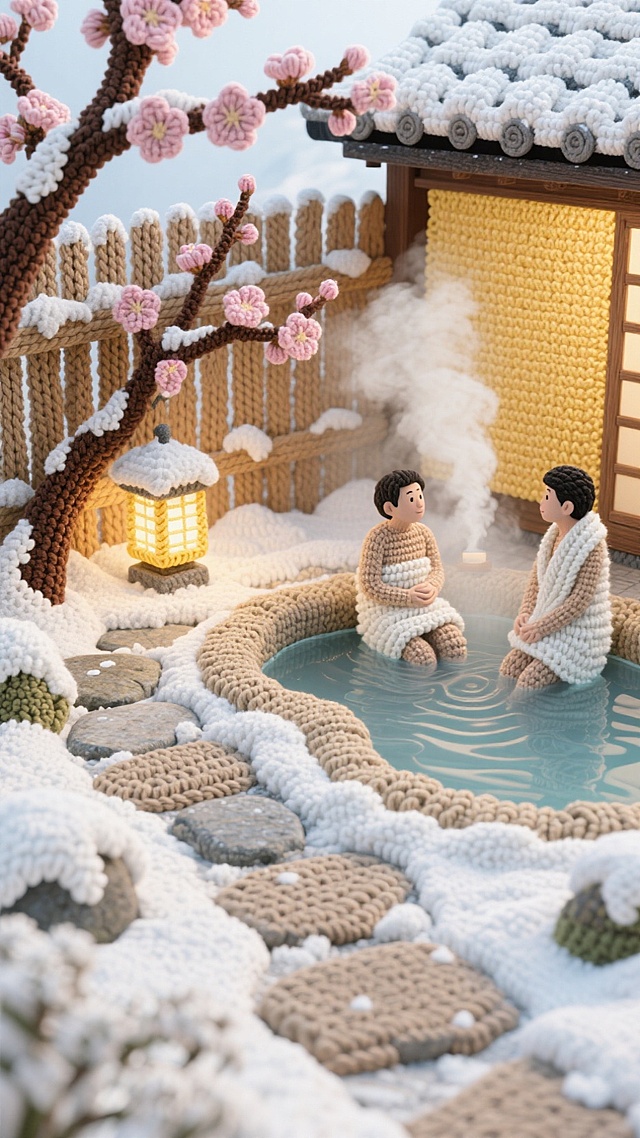 日式庭院被雪覆盖，青石小径铺薄雪，露天温泉冒着白汽，周围围着木栅栏，梅枝斜伸过墙头。泡汤者裹浴巾闲谈，石灯亮着暖光，雪落在温泉水面融开，暖黄 + 浅棕配色，温润又惬意。