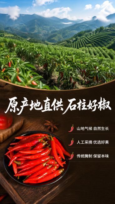 [第2屏] 产地优势展示屏-石柱土家族自治县原产地艳椒介绍。
[氛围/风格] 原生态农家产地风，自然清新，真实可信，商业摄影质感。
[元素布局] 上下分栏结构，上半部分为产地实景图，展示重庆石柱山区辣预览效果