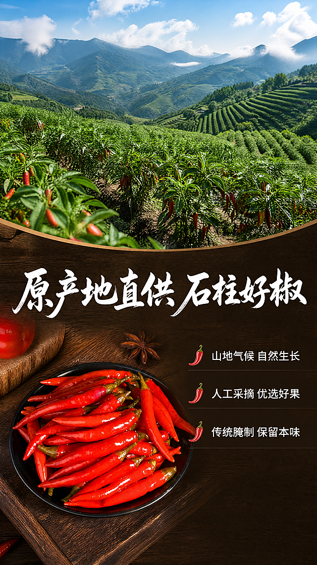 [第2屏] 产地优势展示屏-石柱土家族自治县原产地艳椒介绍。
[氛围/风格] 原生态农家产地风，自然清新，真实可信，商业摄影质感。
[元素布局] 上下分栏结构，上半部分为产地实景图，展示重庆石柱山区辣椒种植园风貌，绿色椒田连绵起伏；下半部分区域放大展示艳椒泡椒成品，本屏使用【图1】作为泡椒主体，保留产品原有形态色泽，放置在下半部分左侧，右侧为文字介绍区。整体层次清晰，信息密度饱满。
[光影质感] 自然光柔和照射，椒田部分光线明亮清新，泡椒部分突出湿润光泽，整体明暗过渡自然。
[配色色系] 全局底色：#3C2818（深棕木色）；主体配色：#548B54（椒田绿色）+ #E52222（泡椒红色）；辅助色：#FFFFFF（文字），保持和首屏一致。
[视角构图] 上景下文，上下分栏，上栏实景占比45%，下栏产品文字占比55%，适合手机竖屏阅读。
[文字版式] 顶部大标题 "原产地直供 石柱好椒"，米白色温润书法字体居中，下栏左侧产品，右侧分三点介绍："山地气候 自然生长"、"人工采摘 优选好果"、"传统腌制 保留本味"，每点配小辣椒图标，文字左对齐，字色米白，保持首屏字体风格：温润书法标题+同家族无衬线正文，字色仅米白一种，纯色填充字效。
[比例分辨率] 宽高比9:16，4K分辨率，文字清晰可辨，超高清。
[负向提示词] 泡椒变形，颜色偏差，文字错乱，水印，背景杂乱，虚假产地宣传，绝对化用词。