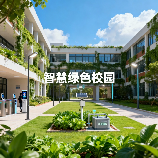 围绕‘智慧绿色校园’主题，包含核心元素：智能设施（如人脸识别门禁、智能照明、气象监测设备）、绿色场景（如节能绿植区、雨水回收装置）、“智慧绿色校园” 主题字样，整体风格需体现科技便捷与环保节能的融合感预览效果