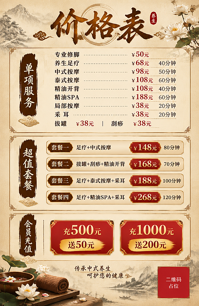 一张竖版足疗按摩价目表海报，75cm X 115cm竖版比例（约15:23），超高清可印刷喷绘。中式养生风格，深棕色或金色为主色调，米白或浅棕色底色，高端大气有质感。

顶部大标题："价格表"，大字醒目，金色或深棕色书法字体，居中。

从上到下分四个板块：

【第一板块 - 单项服务】
小标题"单项服务"或不加小标题，直接列表，共9项，每项左侧名称，右侧价格+时长：
- 专业修脚 ¥50元
- 养生足疗 ¥68元 40分钟
- 中式按摩 ¥98元 50分钟
- 泰式按摩 ¥108元 60分钟
- 精油开背 ¥108元 40分钟
- 精油SPA ¥188元 60分钟
- 局部按摩 ¥38元 20分钟
- 采耳 ¥38元 20分钟
- 拔罐 ¥38元  刮痧 ¥38元（同一行并排）

【第二板块 - 超值套餐】
小标题"超值套餐"，4款套餐，每款突出显示：
- 套餐一：足疗+中式按摩 148元 80分钟
- 套餐二：拔罐+刮痧+精油开背 168元 70分钟
- 套餐三：足疗+泰式按摩+采耳 188元 100分钟
- 套餐四：足疗+精油SPA+采耳 268元 120分钟
套餐可以用卡片式设计，更醒目。

【第三板块 - 会员充值】
小标题"会员充值"，2档：
- 充500元 送50元
- 充1000元 送200元
用金色或红色突出显示，吸引眼球。

整体中式养生风格，可点缀莲花、祥云、山水等中式元素。排版整齐清晰，价格数字醒目。版式精美，文字清晰可读，四周留安全边距。

画面中所有数字必须精确渲染，不得错位、遗漏或编造。画面中所有信息区域必须填充完整合理的内容。画面中所有二维码区域使用纯色方块占位符呈现，方块中央标注"二维码占位"文字，严禁生成任何可识别的二维码图案。