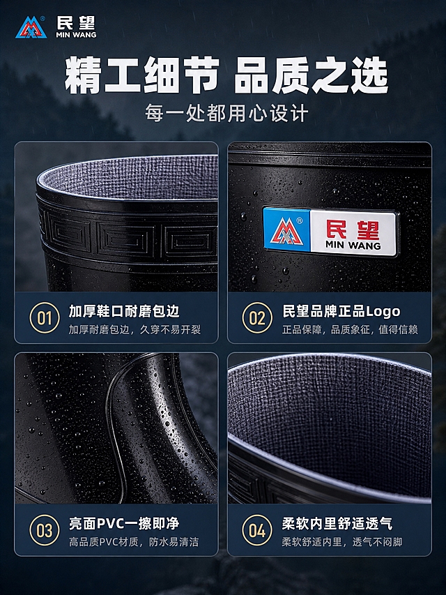 详情页第7张细节做工展示页，精工细节品质之选。四宫格布局2行2列，每个格子为一个细节特写+说明文字：加厚鞋口耐磨包边、民望品牌正品Logo、亮面PVC一擦即净、柔软内里舒适透气。每个格子有放大的局部特写图。顶部大标题「精工细节 品质之选」，副标题「每一处都用心设计」。高级户外工业风，深灰蓝渐变背景。商业微距摄影质感，细节清晰锐利。比例3:4竖版。