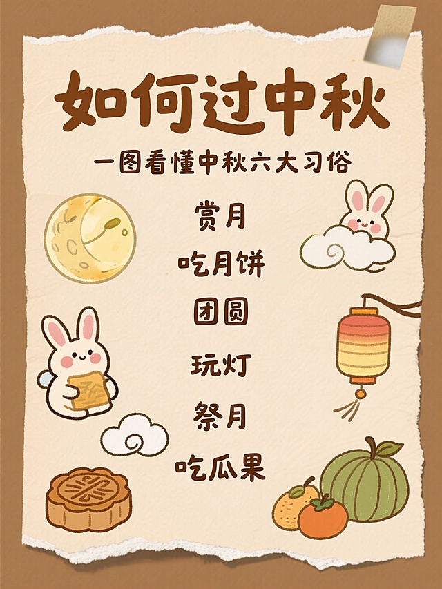 手账风插画，棕色字，顶部有艺术字标题 “如何过中秋”，副标题“一图看懂中秋六大习俗”，竖排小字“赏月 吃月饼 团圆 玩灯 祭月 吃瓜果”，两边点缀月亮、月饼、兔子、灯笼、云朵、瓜果元素，浅棕纸张撕纸效果、手写字体，暖棕色底色