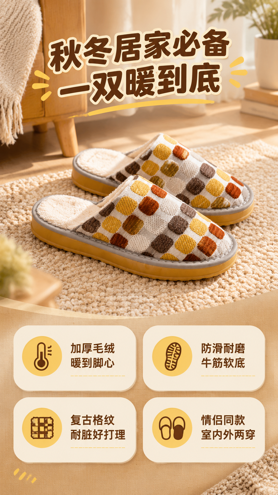 [商品] 使用【图6】棕黄格纹棉拖鞋；保留格纹鞋面、毛绒内里、… - 图片创意预览